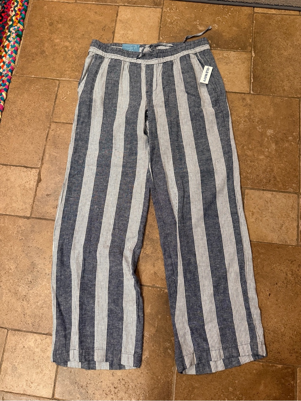 Old Navy Blue and White Vertical-Stripe Wide-Leg Pull-On Pants